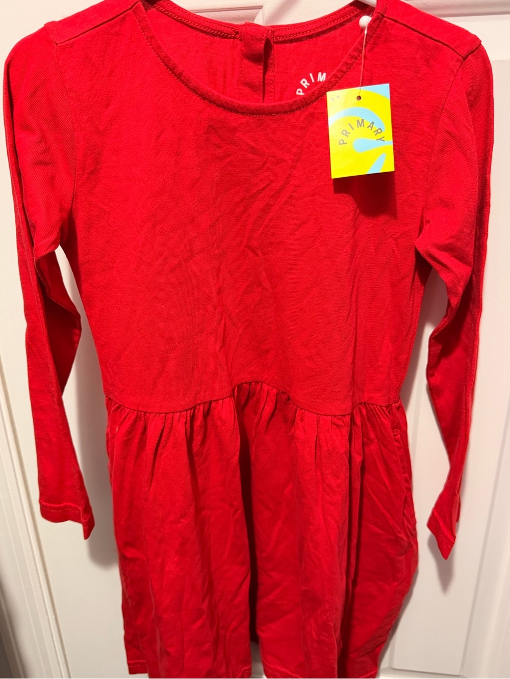 Primary Red Long-Sleeve Gathered Waist Dress